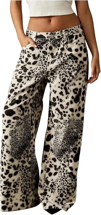 WDIRARA Women's Leopard Baggy Jeans Low Rise Wide Leg Denim Pants Streetwear | Amazon (US)