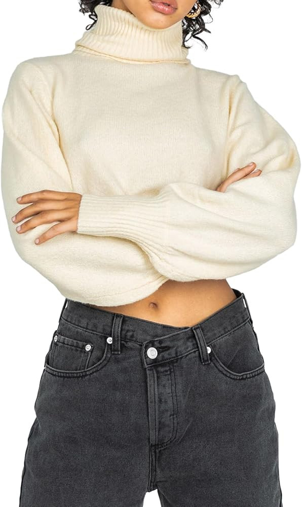 Awoscut Women's Turtleneck Sweater Short Knit Sweatshirts Solid Color Long Sleeve Casual Pullover... | Amazon (US)