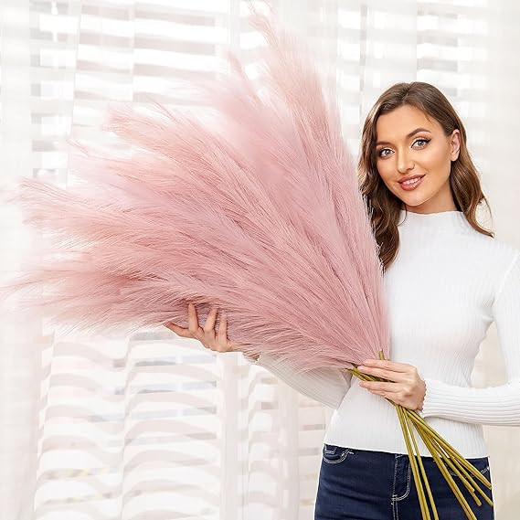 Qubitful Pink Faux Pampas Grass Tall, Large Fake Pompas, Set of 6 Stems 43'' Tall Fluffy Artifici... | Amazon (US)