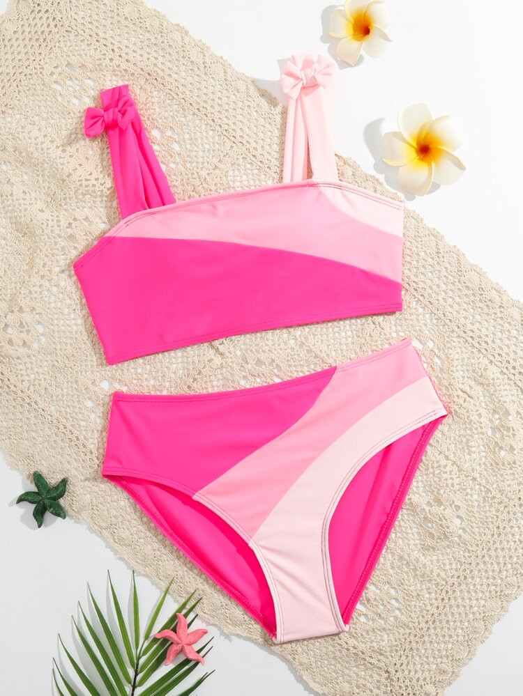 Teen Girls Colorblock Bow Shoulder Bikini Swimsuit | SHEIN