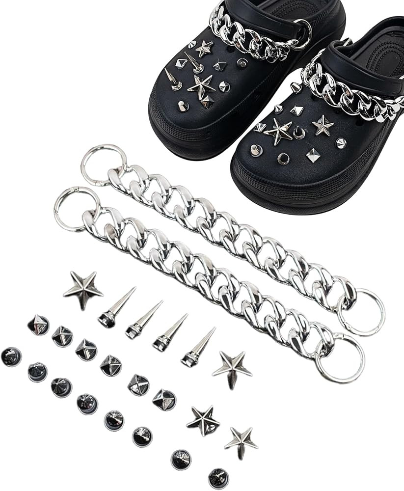 Gothic Shoe Charms, 24-Piece Metal Spikes and Chain Set Accessories, Punk Rock Biker Style Shoe C... | Amazon (UK)
