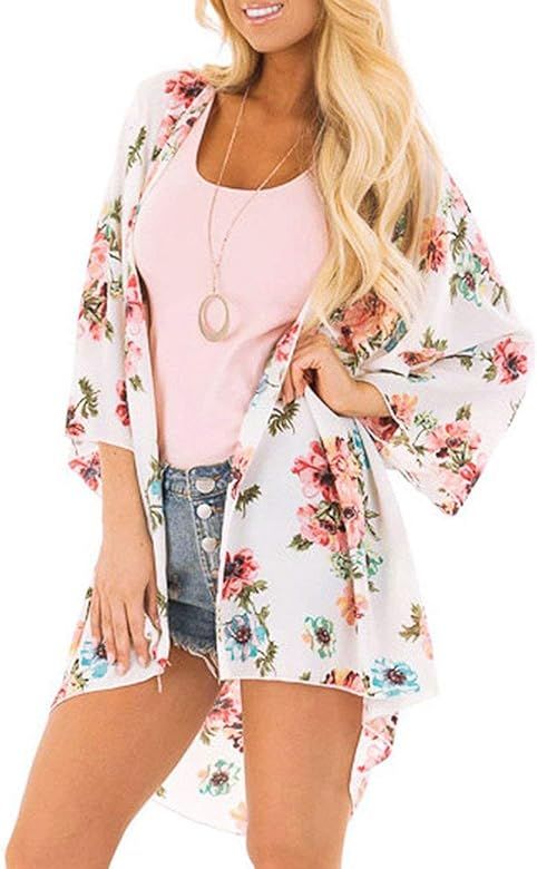 AMEBELLE Women's Boho 3/4 Sleeve Floral Cardigans Hi Low Beach Chiffon Cover Up Capes | Amazon (US)