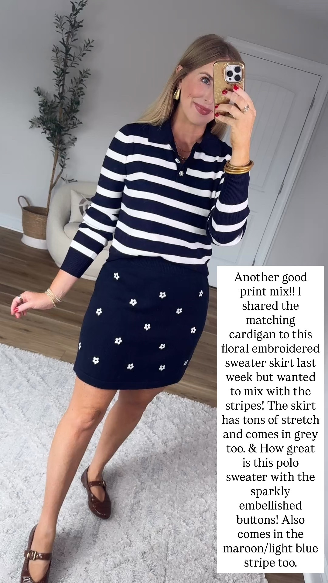 Embellished button polo sweater and embroidered floral sweater skirt

#LTKootd