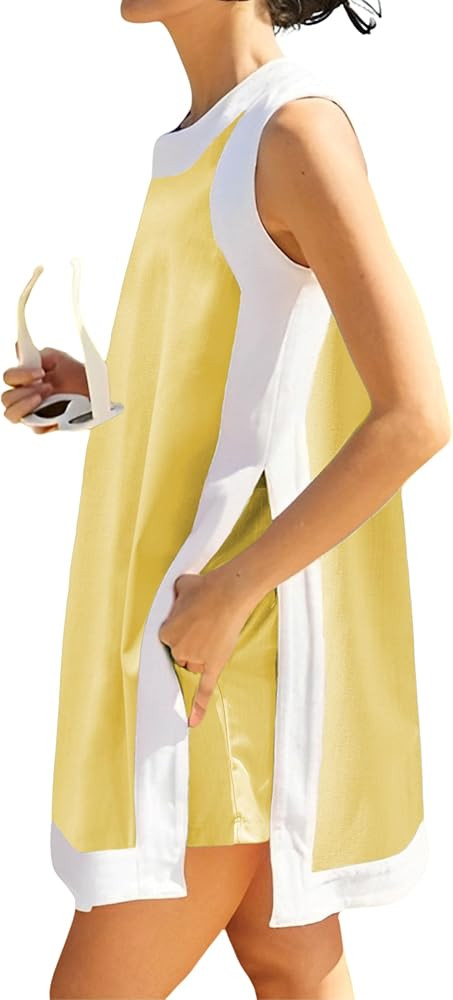 Hooever Women's 2 Piece Sets Casual Color Block Crewneck Sleeveless Pullover Tops Matching Shorts... | Amazon (US)