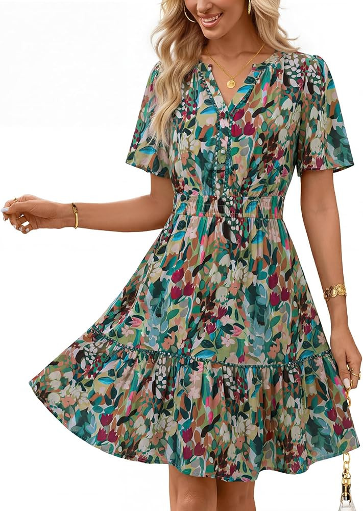 MEROKEETY Women's 2026 Spring Summer Floral Dress V Neck Short Sleeve Button A Line Boho Beach Fl... | Amazon (US)