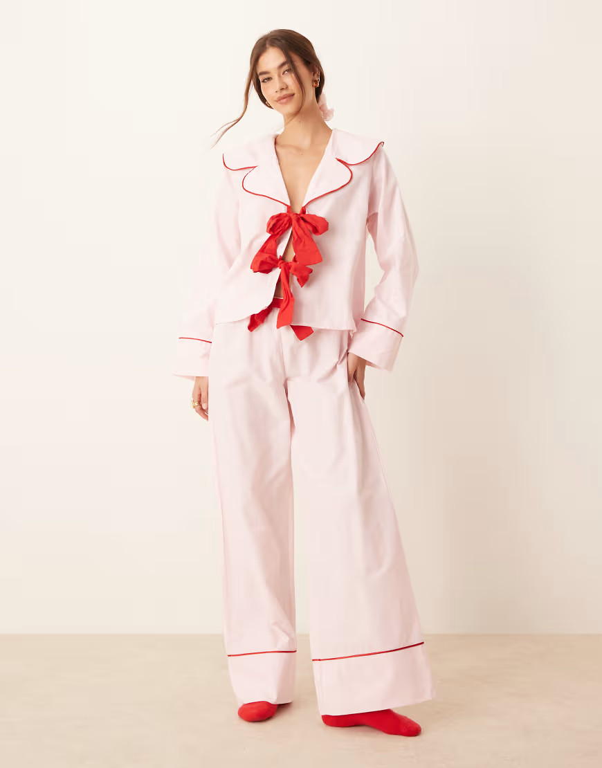ASOS DESIGN wide leg pyjama trouser co ord in pink | ASOS (Global)