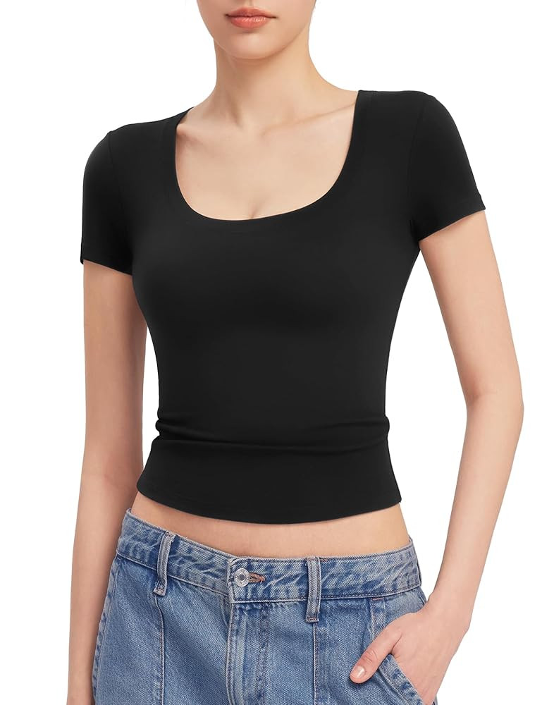 PUMIEY Women's T Shirts Short Sleeve Scoop Neck Basic Going Out Tops Fashion Slim Fit Tee Smoke C... | Amazon (US)