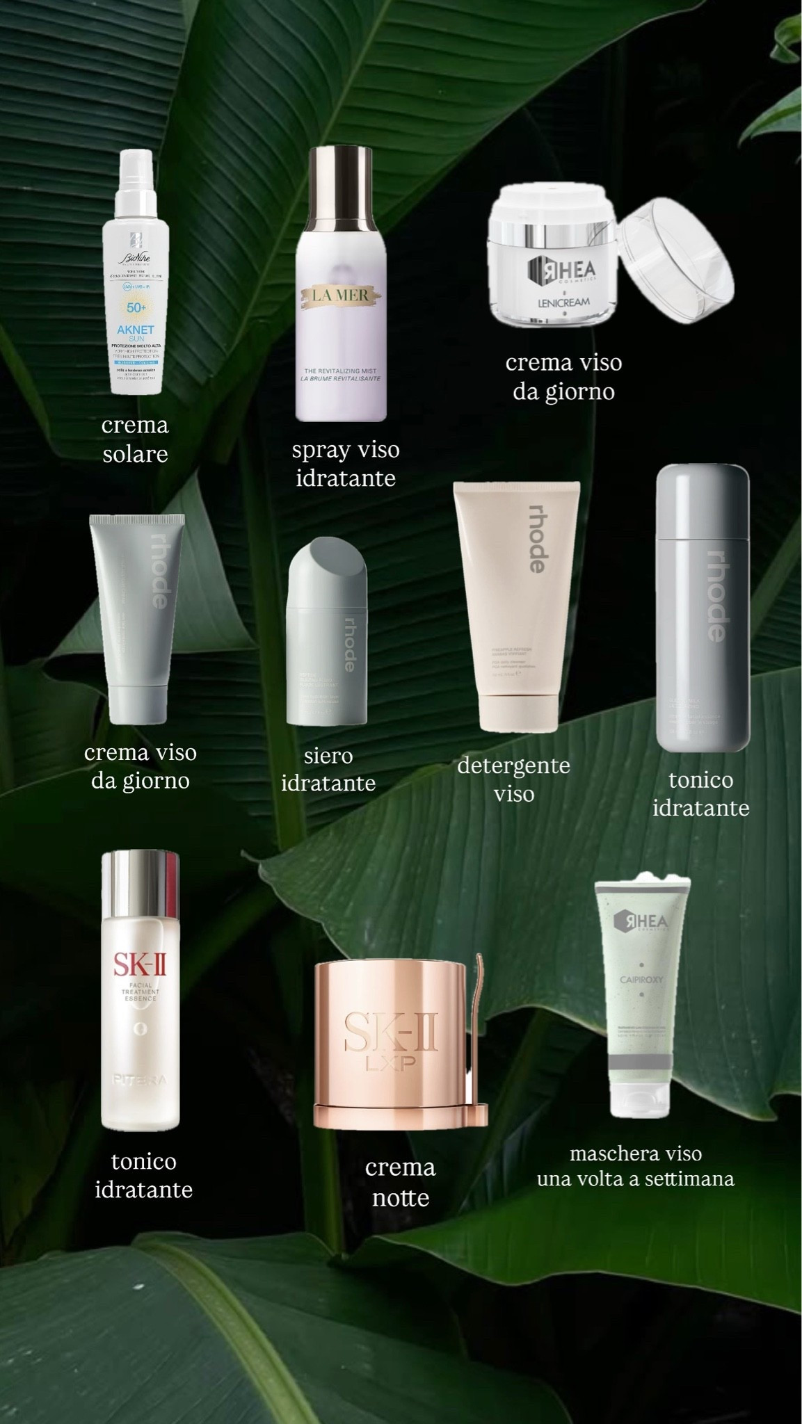 la mia skincare routine completa 

☀️ Mattina

* Detergente Rhode.
* Poi faccio una di queste due routine:
    * Routine Rhode: Glazing Milk + Peptide Glazing Fluid + Barrier Restore Cream.
    * Oppure, quando sento la pelle che ha bisogno di qualcosa di diverso, uso direttamente la crema viso Rhea.
* Se devo truccarmi, applico il tonico Rhode prima del make-up.
* Ultimo step sempre: crema solare Aknet SPF50+.

✈️ Durante la giornata

* Se sono al lavoro e ho il trucco, vaporizzo il mist di La Mer sopra il make-up per rinfrescare e idratare la pelle.

🌙 Sera

* Tonico SK-II.
* Crema notte SK-II.

🧖🏻‍♀️ Una volta a settimana

* Maschera Rhea. Ne uso anche un’altra per pelli delicate, sempre di Rhea, ma non sono riuscita a trovarla online per inserirla nella foto.

#LTKbeauty #LTKsummer #LTKitalia