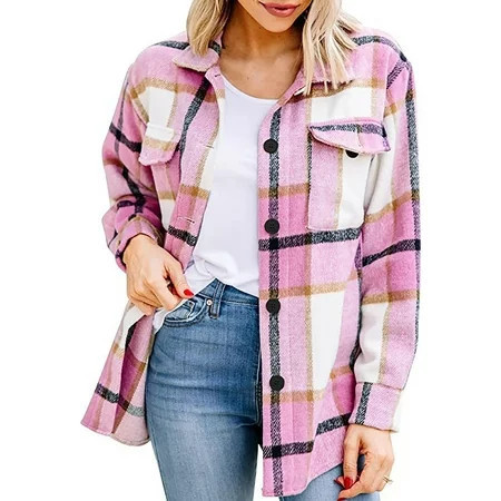 ZVAVZ Walmart Deals for Today Womens Flannel Shacket Jacket Plaid Flannel Shirts for Women Loose Fit Boyfriend Button Down Shirt Long Sleeve Casual Flannel Blouse Tops Purple Flannel Shirt Women | Walmart (US)