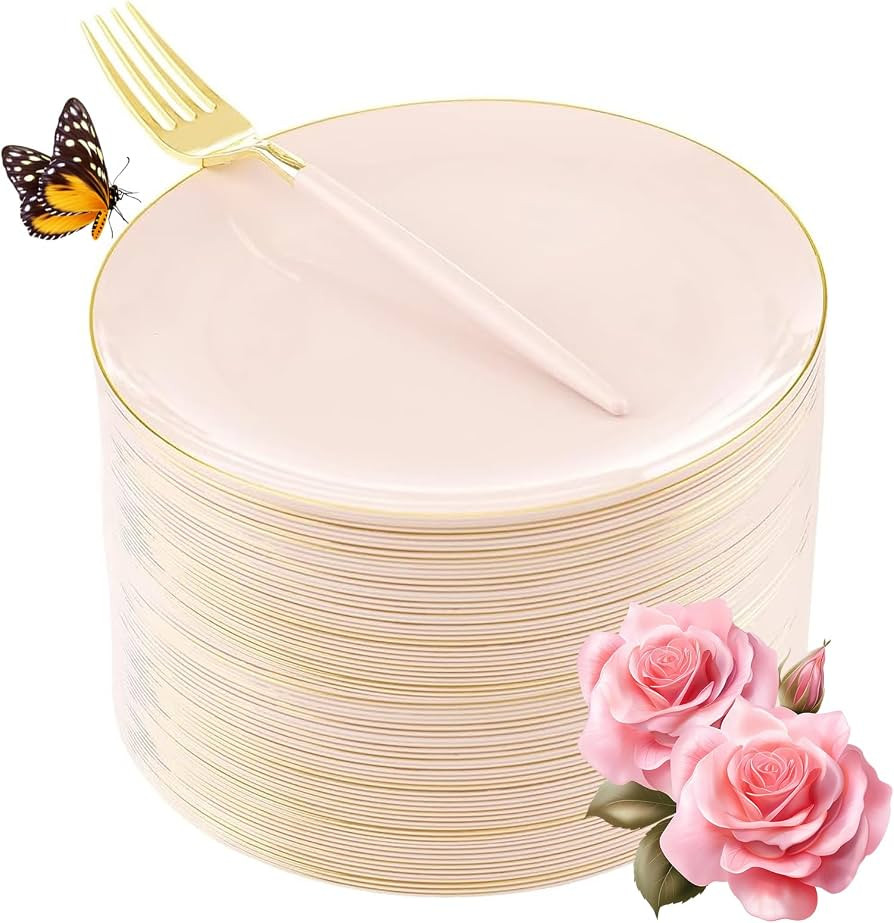 LIYH 96 Pcs Pink and Gold Disposable Plastic Dessert Plates and Forks Set - 7.5" Plastic Appetize... | Amazon (US)