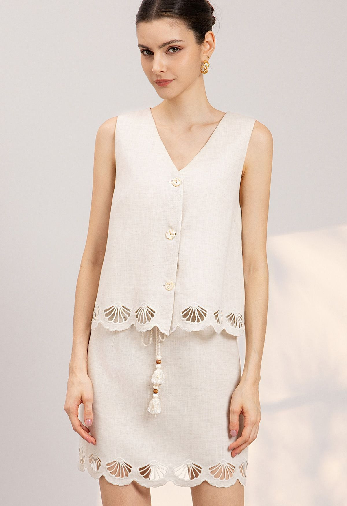 Shell Cutwork Button-Up Vest and Mini Skirt Set for Vacations & Beach Strolls | Chicwish