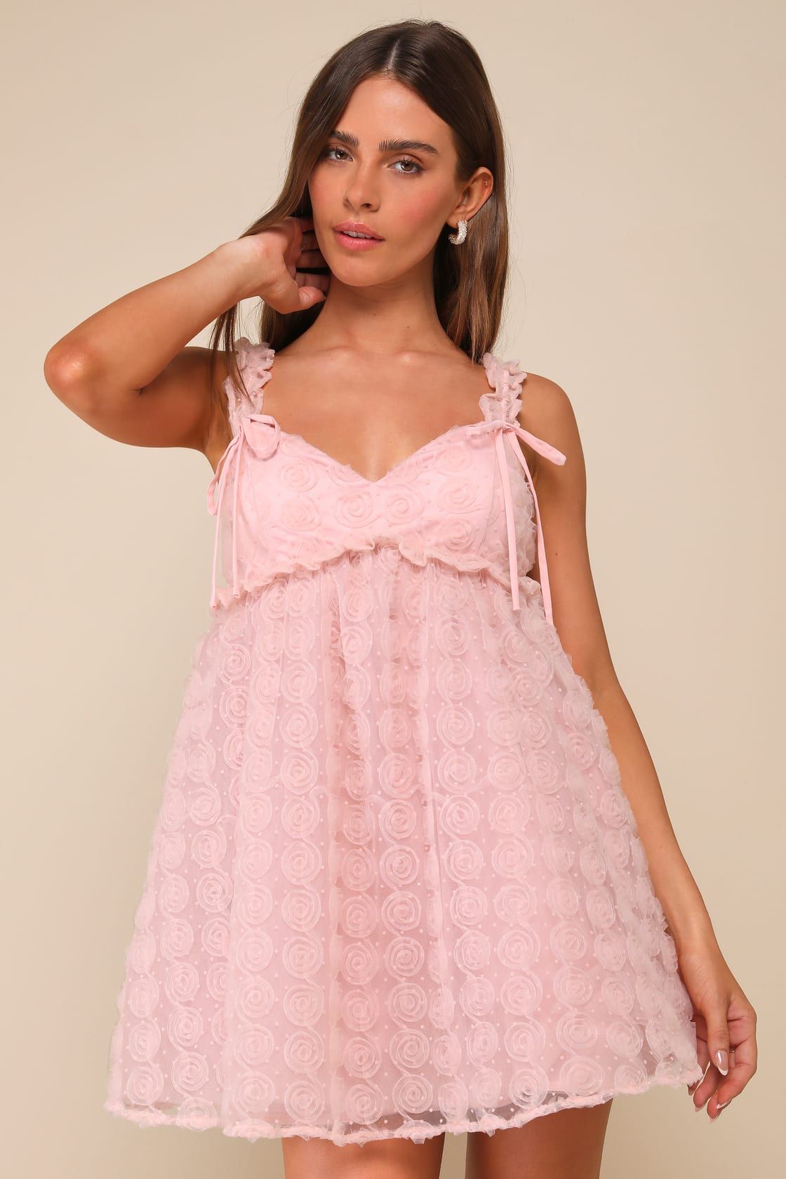 Pretty Sweetheart Pink Tulle Applique Bow Babydoll Mini Dress | Lulus