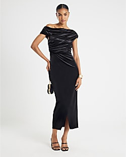 Black Velvet Drape Midi Dress | River Island UK & IE