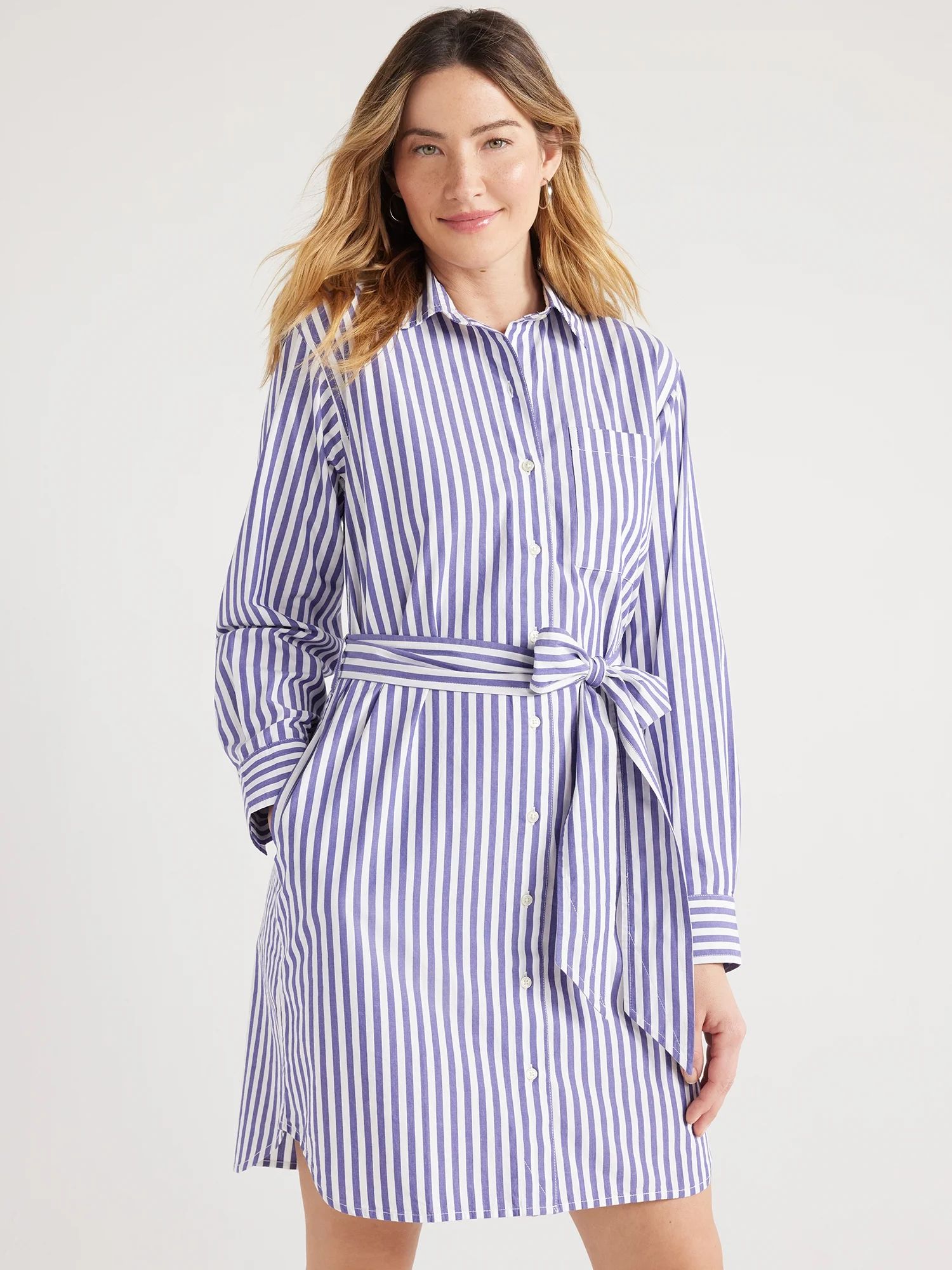 Free Assembly Women’s Cotton Belted Shirtdress with Long Sleeves, Sizes XS-XXL | Walmart (US)