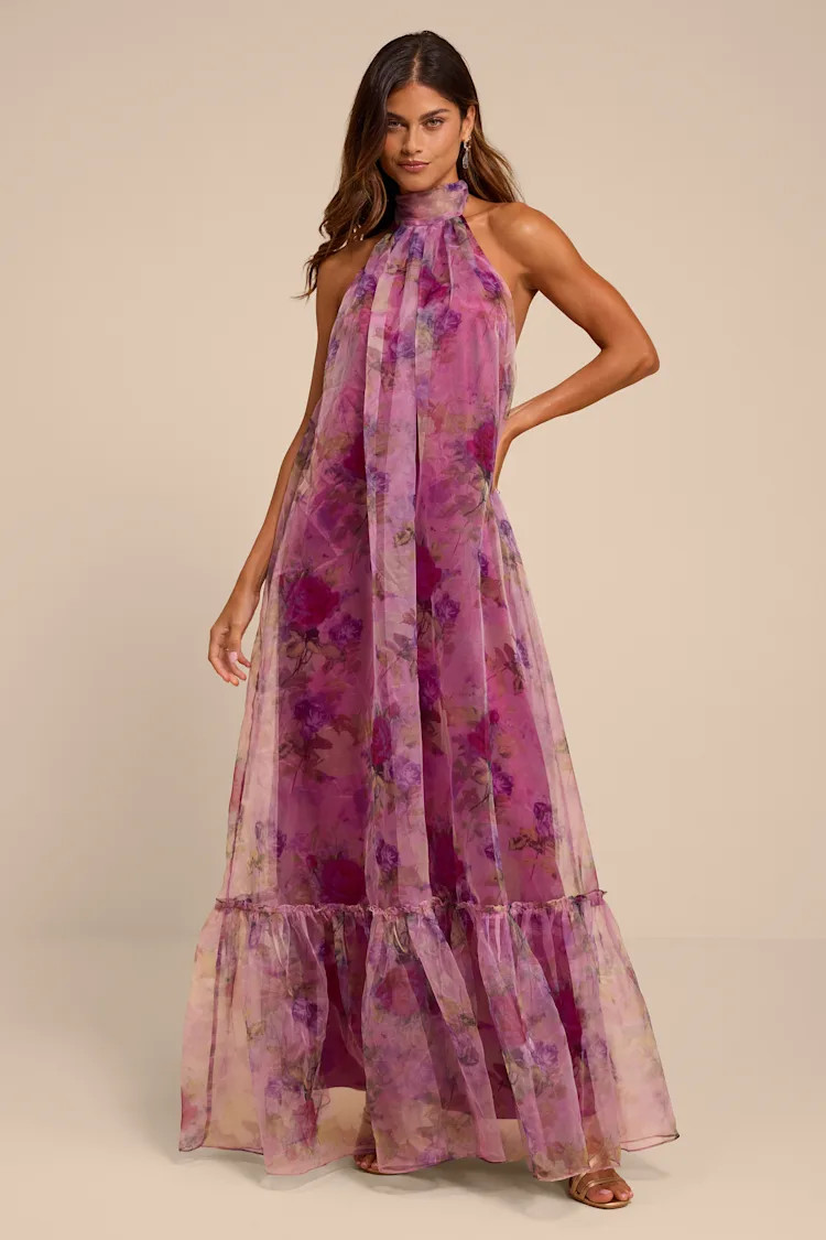 Ashana Magenta Floral Organza Halter Maxi Dress | Lulus