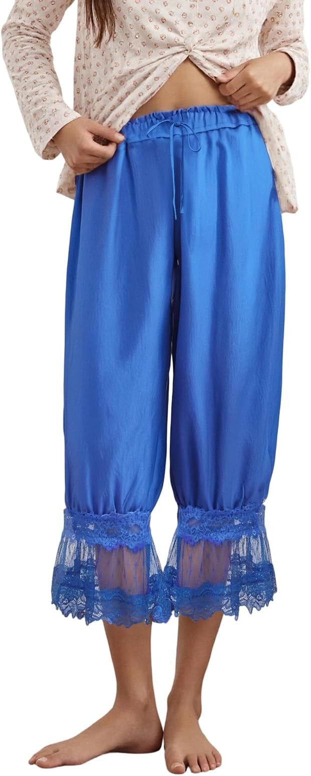 Women Lace Trim Long Bloomers Elastic Waist Y2k Ruffle Pettipants Pantaloons Slip Cropped Pants F... | Amazon (US)
