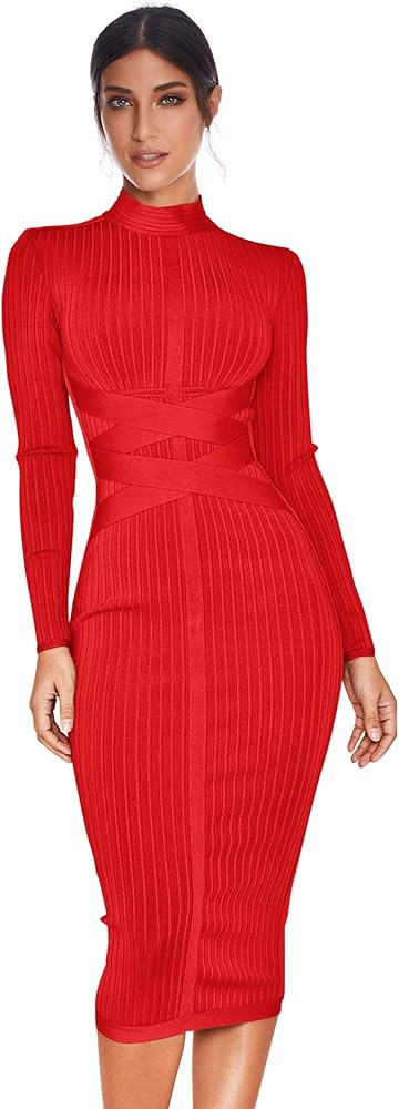 Women's Rayon Long Sleeves Bandage Dress Cross Strap Ribbed Club Party Midi Bodycon Dresses | Amazon (US)