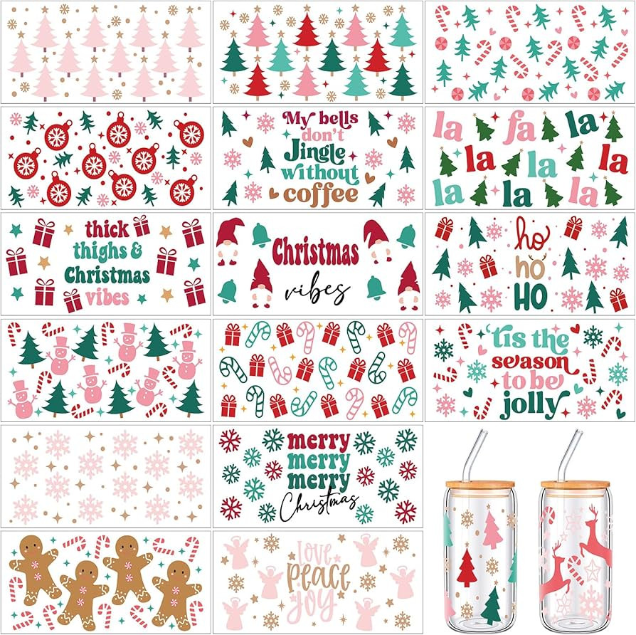 18 Sheets Christmas UV DTF Cup Wrap Transfer for Glass 16 oz Cute Merry Christmas Cups Stickers G... | Amazon (US)