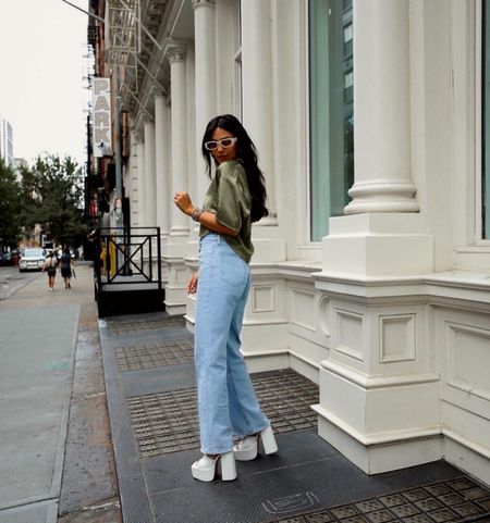 Casual outfit but make it sassy — white platform heels, high rise jeans, and cropped button up (8 in shoes, 26 in jeans, small in blouse) #abercrombie

#LTKSeasonal #LTKunder100 #LTKsalealert