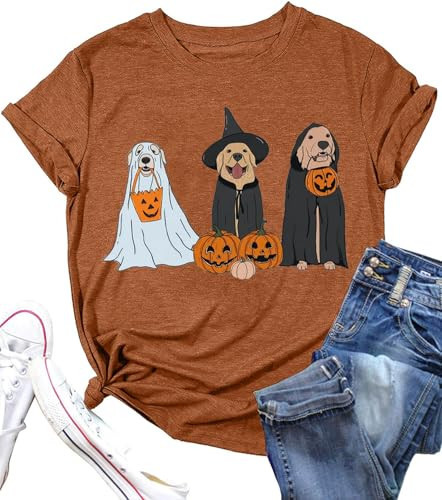 Halloween Ghost Dogs Tshirt Gift Women Dog Lover Halloween Shirt Cute Pumpkin Face Graphic Tee Short Sleeve Fall Top(X-Large,Orange) | Amazon (US)