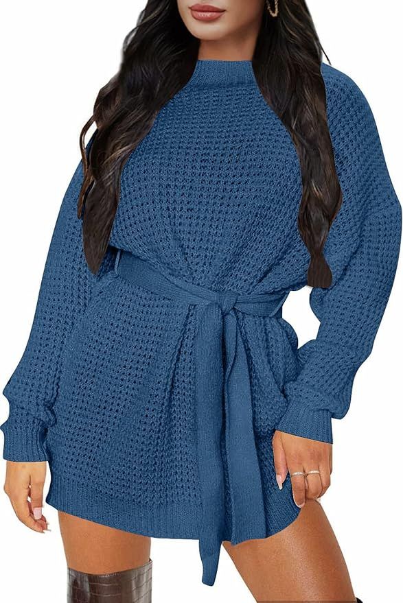 ZESICA Women's Long Sleeve Solid Color Waffle Knitted Tie Wasit Tunic Pullover Sweater Dress,Beig... | Amazon (US)