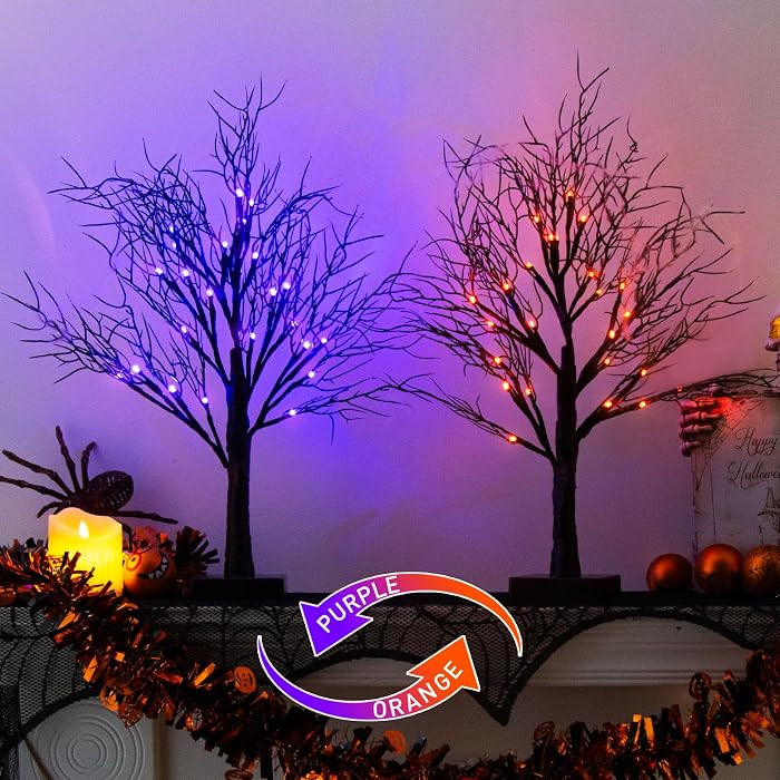 2 Pack Halloween Tree, Vanthylit Black Tree with Orange Purple Bi-Color Led Lights 6 Functions, U... | Amazon (US)