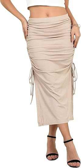 Ezcosplay Women High Waisted Ribbed Skirt Side Split Slit Ruched Drawstring Bodycon Maxi Skirts | Amazon (US)