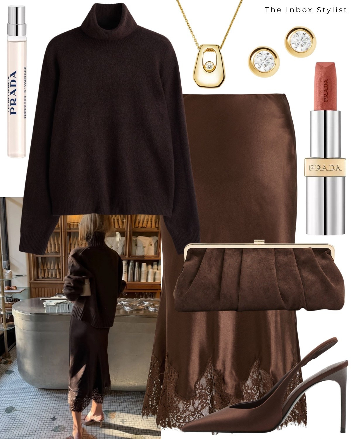 Christmas Day - a luxurious brown tonal outfit. 

Including roll neck funnel neck brown jumper, brown lace silk skirt, brown slingback shoes, brown suede clutch, lipstick, perfume, diamond pendant gold necklace, diamond stud earrings. 

#LTKfestive #LTKpartywear #LTKstyletip