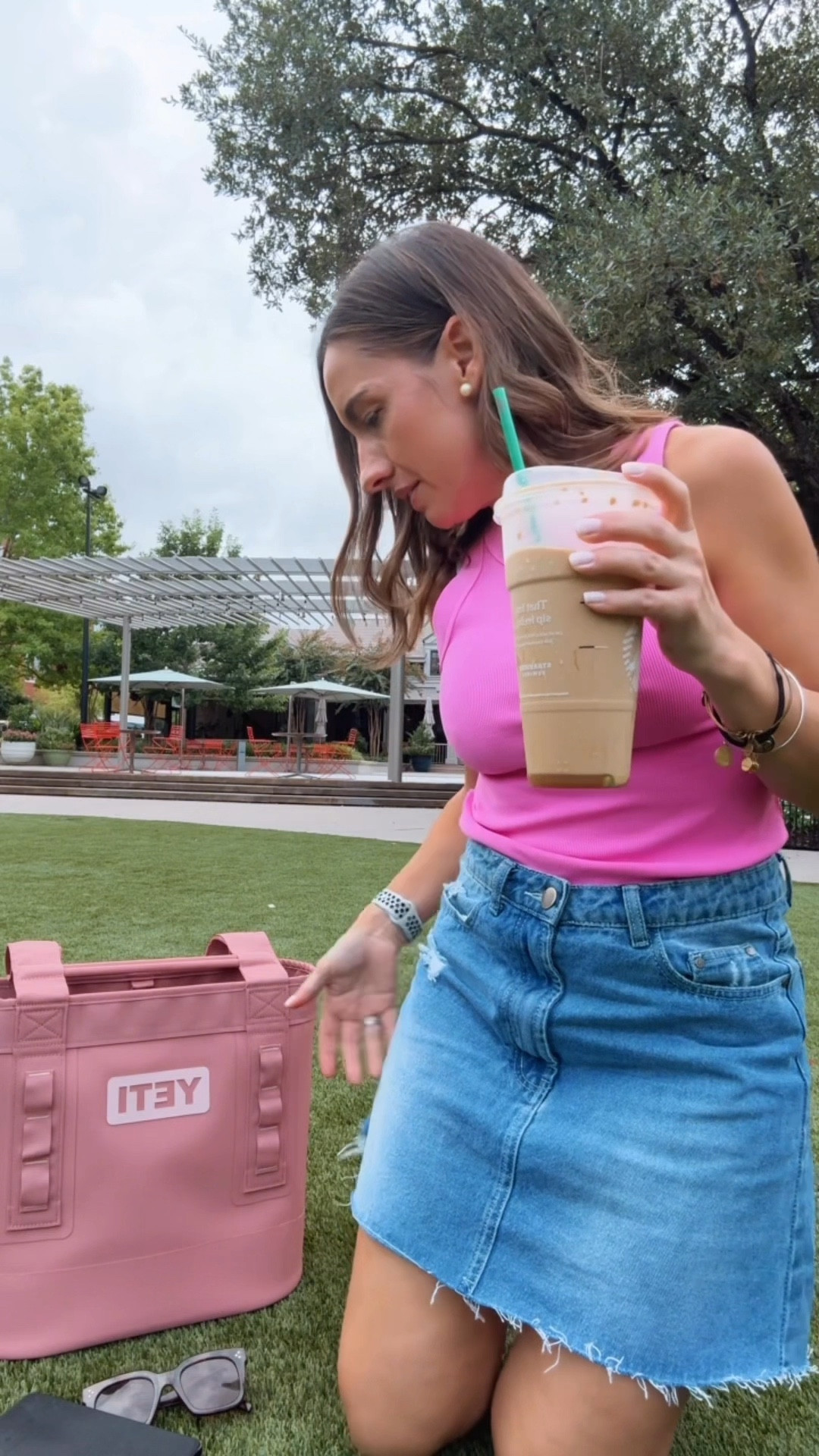 Old Navy Pink tank top (runs tts) 
Denim skirt runs tts. 
Kendra Scott initial necklace 
Yeti Camino 20 (Sandstone and Power Pink are two of my favorites. )
