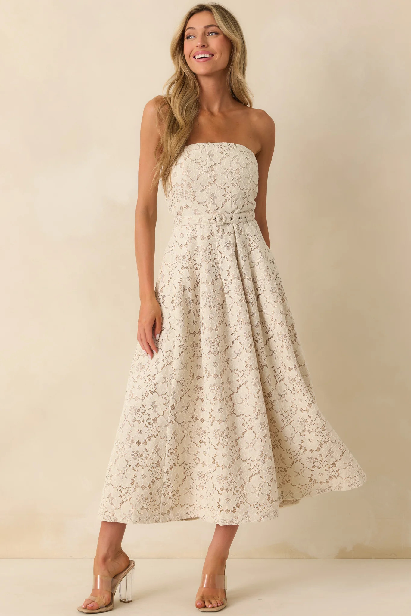 Still The One For You Ivory Cotton Lace Strapless Midi Dress | Red Dress