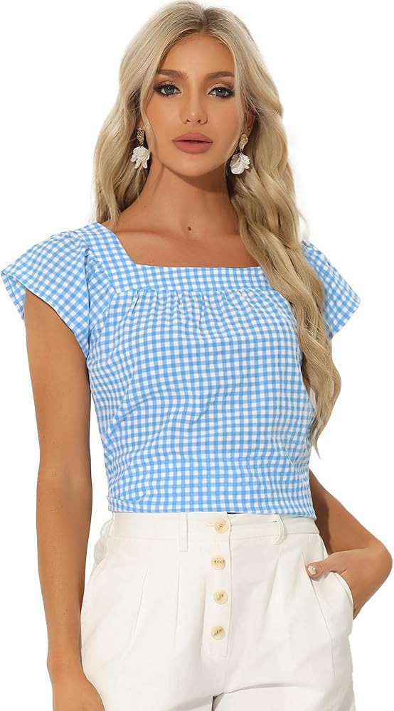 Allegra K Summer Square Neck Gingham Tops for Women's Cap Sleeve Tshirts Blouses | Amazon (US)