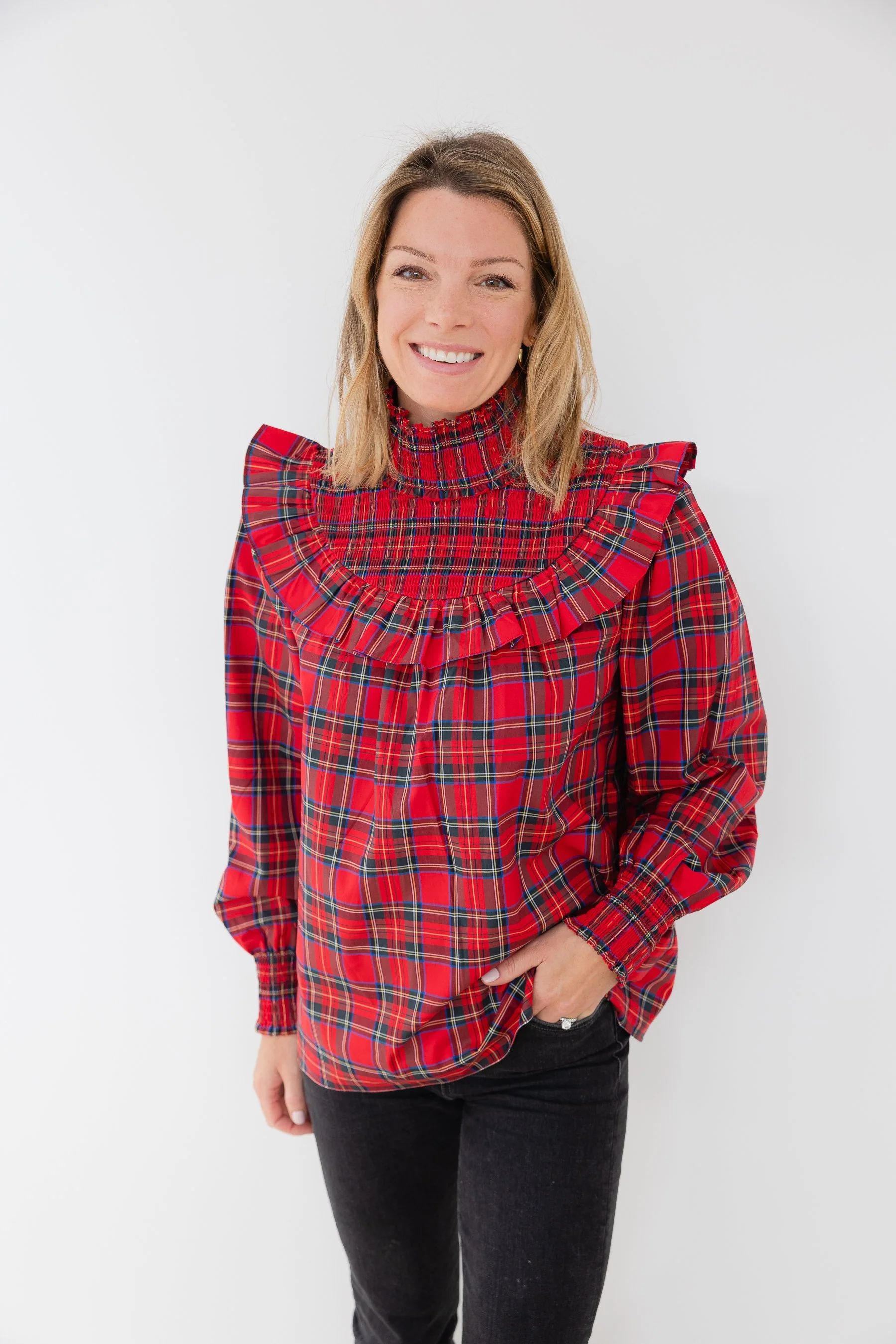 Red Plaid Ruffle Neck Top | Sail to Sable