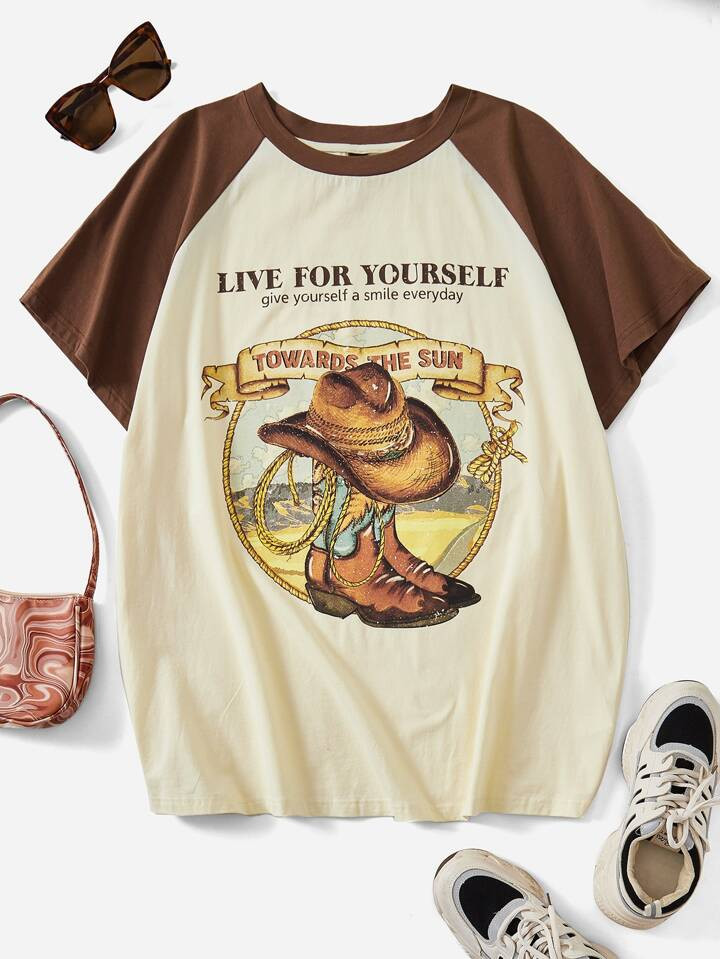 SHEIN EZwear Plus Western Cowgirl Hat & Slogan Graphic Raglan Sleeve Tee | SHEIN