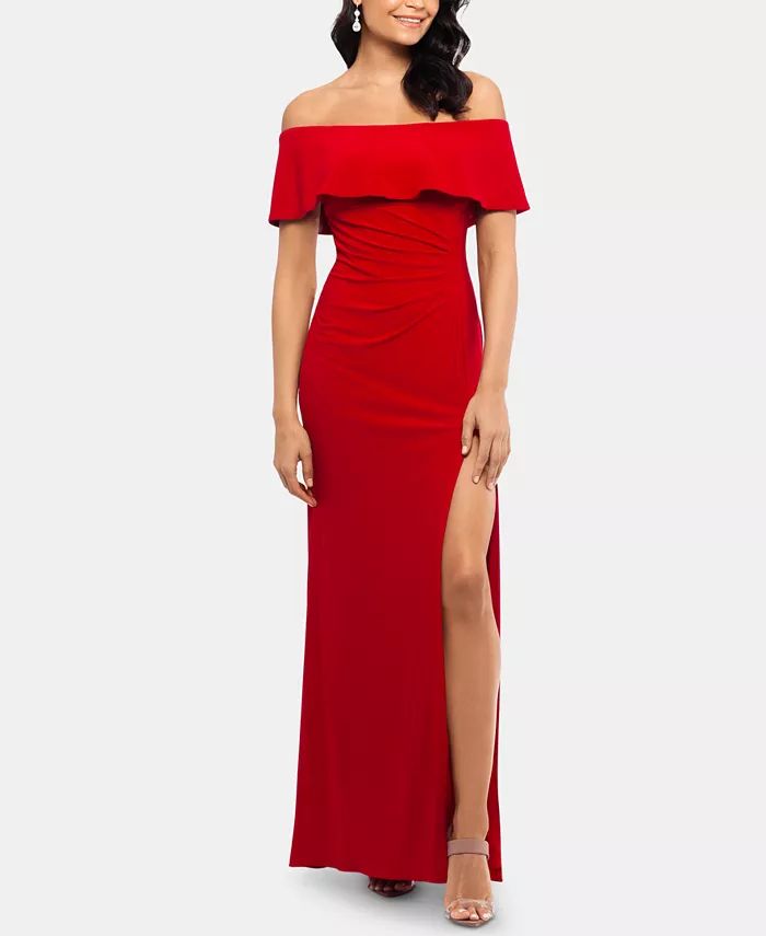 XSCAPE Petite Ruffled Off-The-Shoulder Gown - Macy's | Macy's