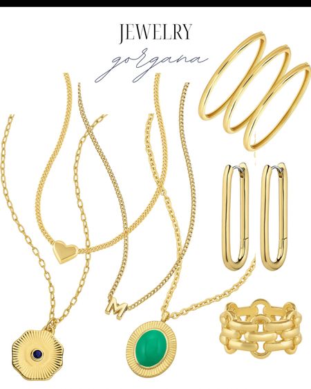 Loving this gorgeous jewelry! Gorgana jewelry, gold necklace stack, square hoop earrings, gorgeous gold ring. 

#LTKFindsUnder100 #LTKStyleTip