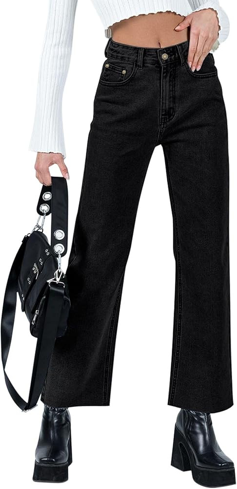 Straight Leg Jeans for Women Cropped High Waisted Stretchy Frayed Hem Raw Jean Loose Wide Leg Bag... | Amazon (US)