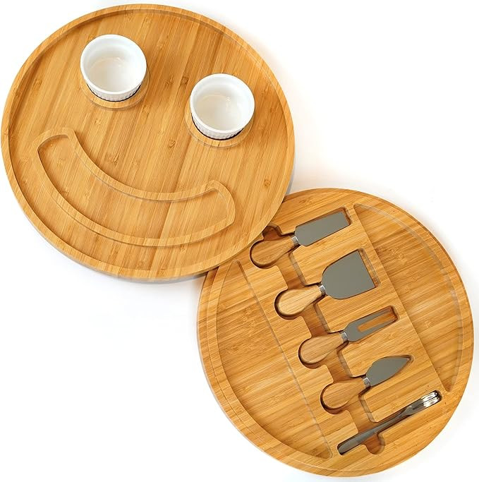 Smiley Face Round Charcuterie Board Set - Smile Shaped Bamboo Cheese Board and Knife Set - Cheese... | Amazon (US)