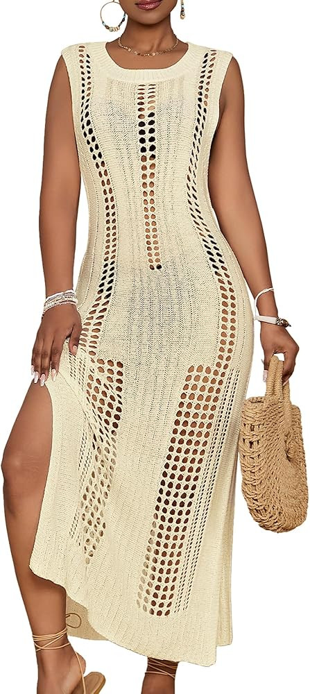 Crochet Beach Cover Ups for Women Sleeveles Swimsuit Coverups Hollow Out Summer Knit Bikini Beach... | Amazon (US)