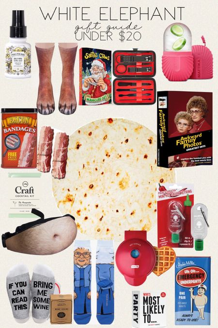 White Elephant Gift Guide / Gift Guide/ White Elephant Gifts under $20 / Accoutrements Bacon Strips Bandages / DASH Mini Waffle Maker Machine Red Heart / The ONLY GIFT WORTH GIVING WINE GIFTS FOR WOMEN - Wine Socks If You Can Read This Bring Me Some Wine / W&P Craft Margarita Cocktail Kit, Mini Portable Carry On Travel Cocktail Kit / RUBB Ice Roller for Face to Enhance the Glow & Tighten Skin Naturally /Bioworld Golden Girls Crew Socks for Women Sophia / Manicure Set 8 In 1 - Christmas Stocking Stuffers for Men, Funny Christmas Gifts Box, Unique Womens Stocking Stuffers / The Best Poo-Pourri Before-You-Go Toilet Spray, Original Citrus, 1.4 Fl Oz - Lemon, Bergamot and Lemongrass / Funny Gifts Crazy Novelty 3D Animal Paw Socks /
Awkward Family Photos Greatest Hits - Caption Hilarious Pics with Memorable Movie Lines, Best of Original & Vol 2, plus New Pics & Movie Lines /Archie McPhee Yodeling Pickle: A Musical Toy, Fun for All Ages, Great Gift, Hours of Mindless Entertainment / Who's Most Likely to... Kinda Clean Family Edition [A Party Game] / Tortilla Blanket Burrito Blanket / Accoutrements Emergency Underpants /Dad Bag Fake Beer Belly Waist Pack Unisex Fanny Pack / Pocket Sriracha Mini Sriracha Hot Sauce Bottle Keyring 1 PACK Bring Hot Sauce with you Everywhere

#giftguide #whiteelephant #funny #funnygifts 

#LTKparties #LTKHoliday #LTKGiftGuide