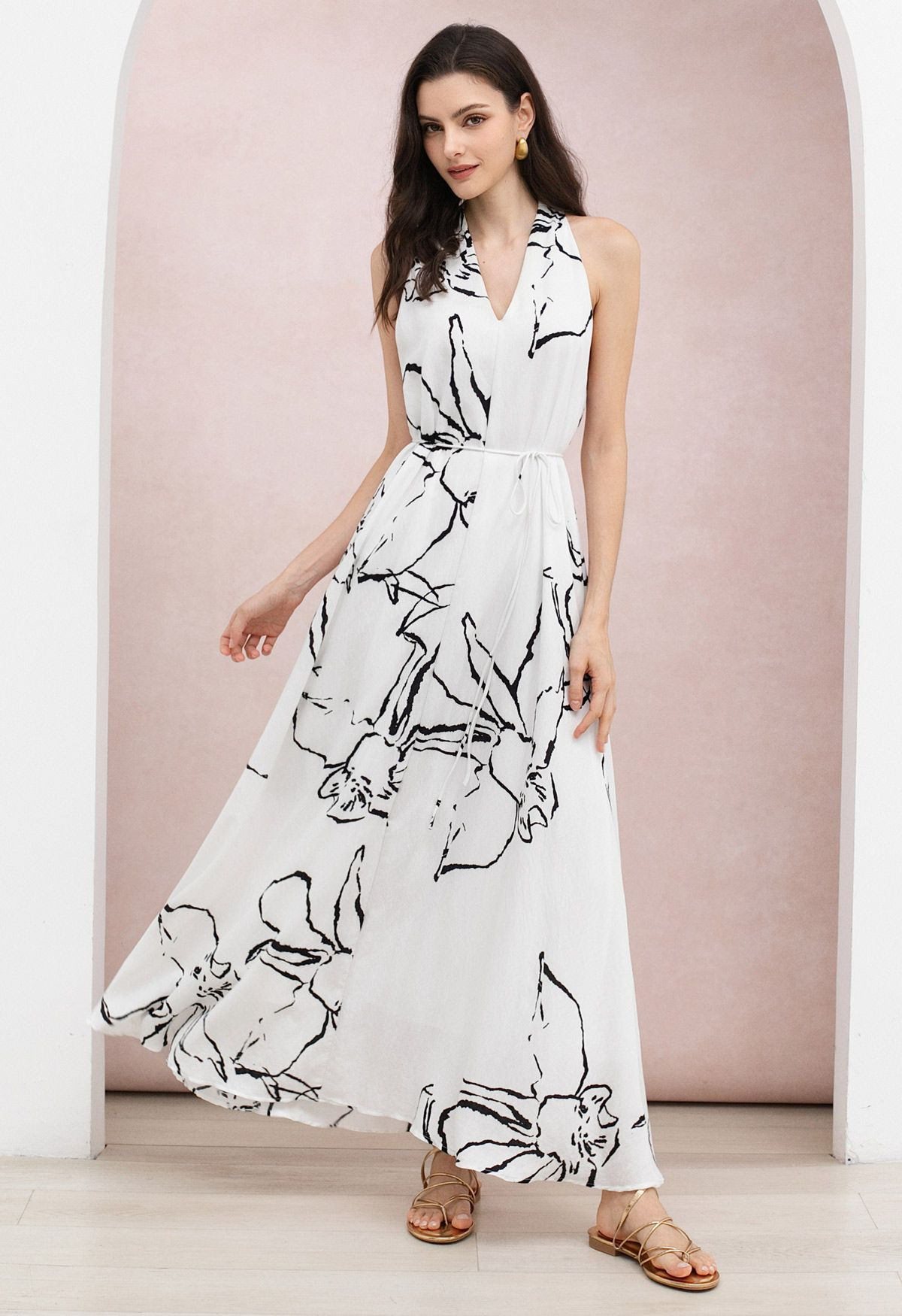 Sketch Floral Tie-Waist Halter Maxi Dress in White for Vacations & Beachside Dinners | Chicwish