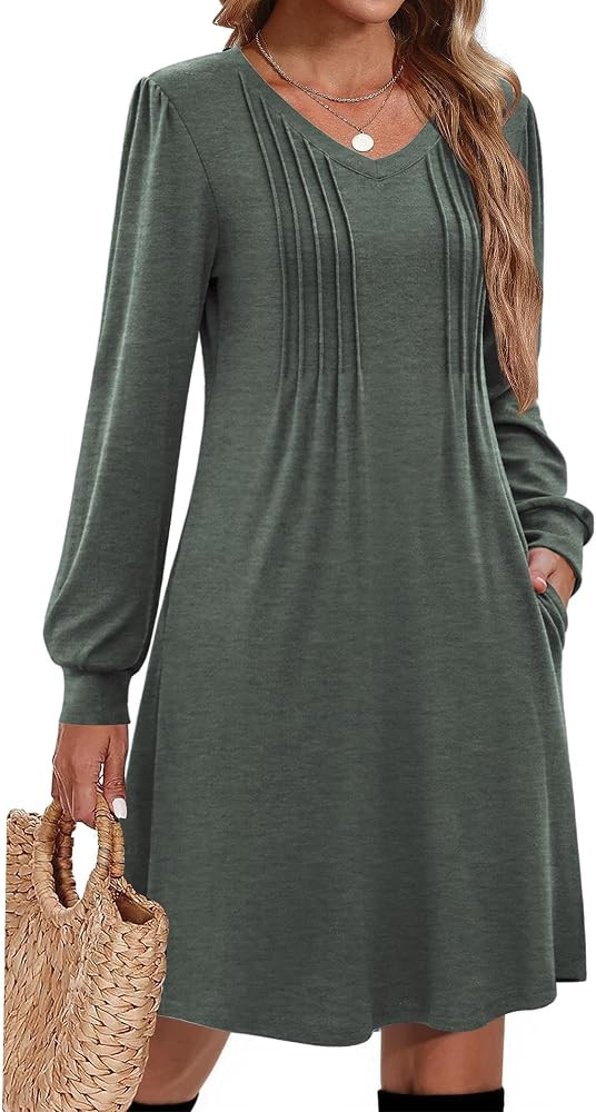 Zeagoo Fall Dresses for Women Long Sleeve Casual Pleated V Neck Dress 2026 A Line Tunic Dress | Amazon (US)