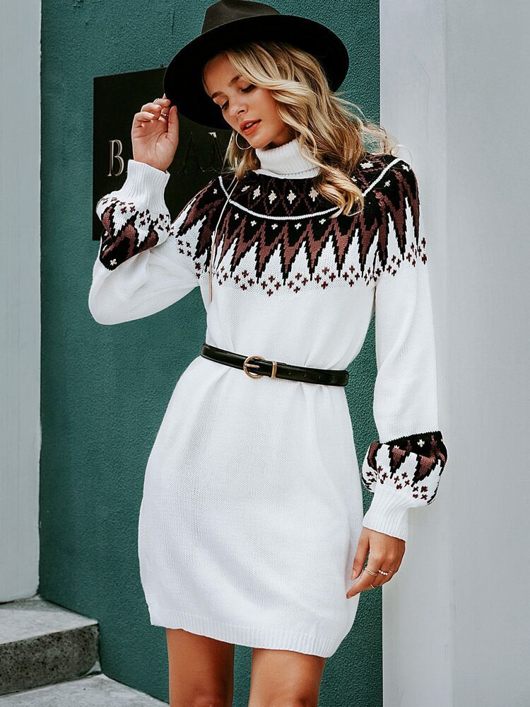 Simplee Tribal Turtle Neck Sweater Dress Without Belt | SHEIN