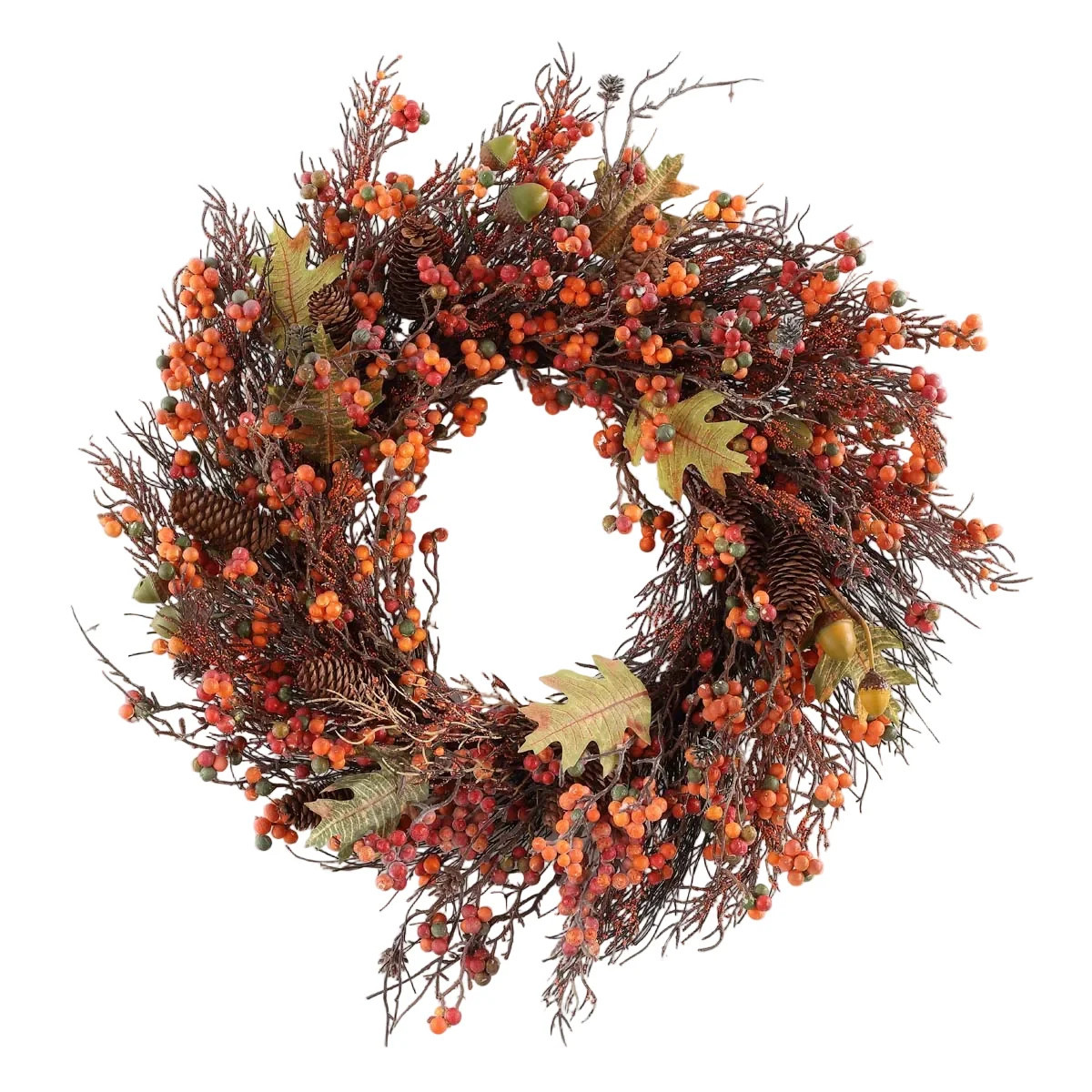 Faux 26 Inch Berry Pine Cone & Oak Leaf Wreath | Safavieh - FXP1054 Multi / 26" X 26" X 6.8" | The Enchanted Home