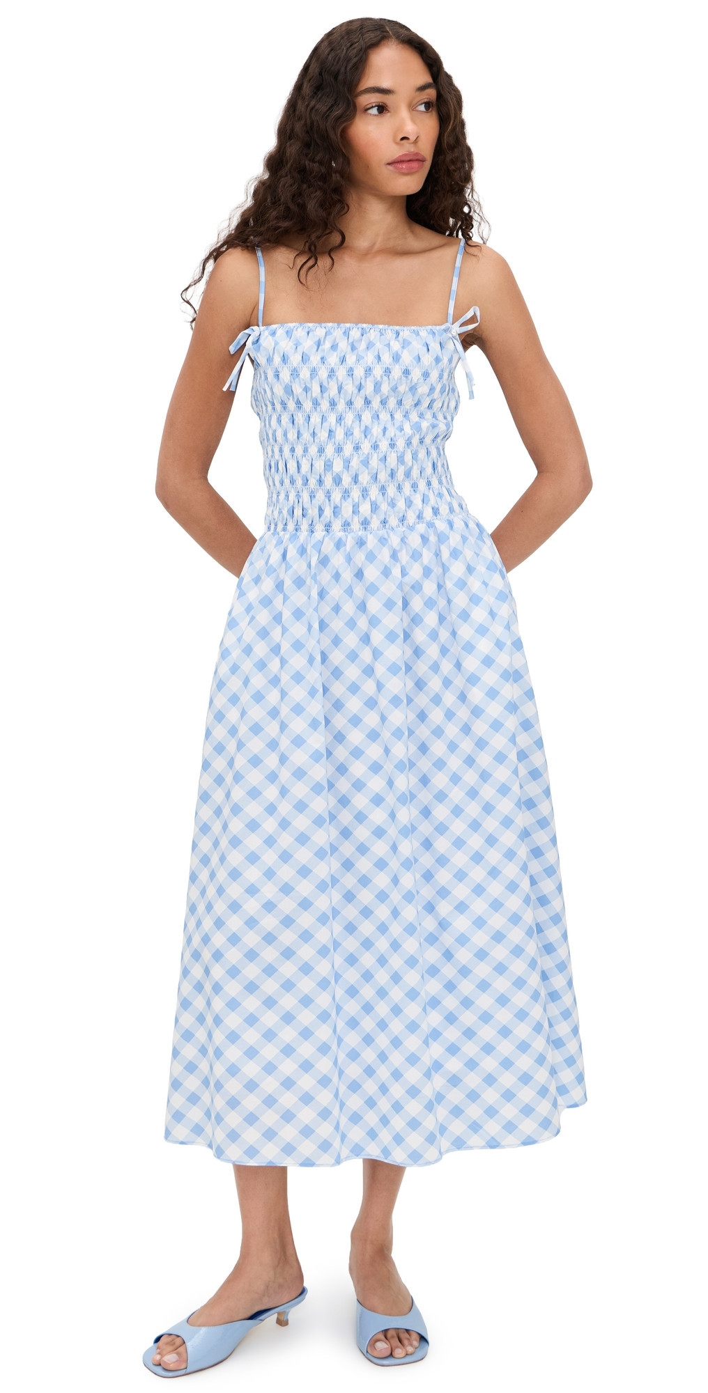 English Factory Checked Smocked Midi Dress Powder Blue M | Shopbop