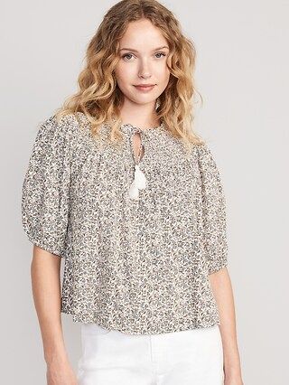 Puff-Sleeve Tie-Front Embroidered Swing Top for Women | Old Navy (US)