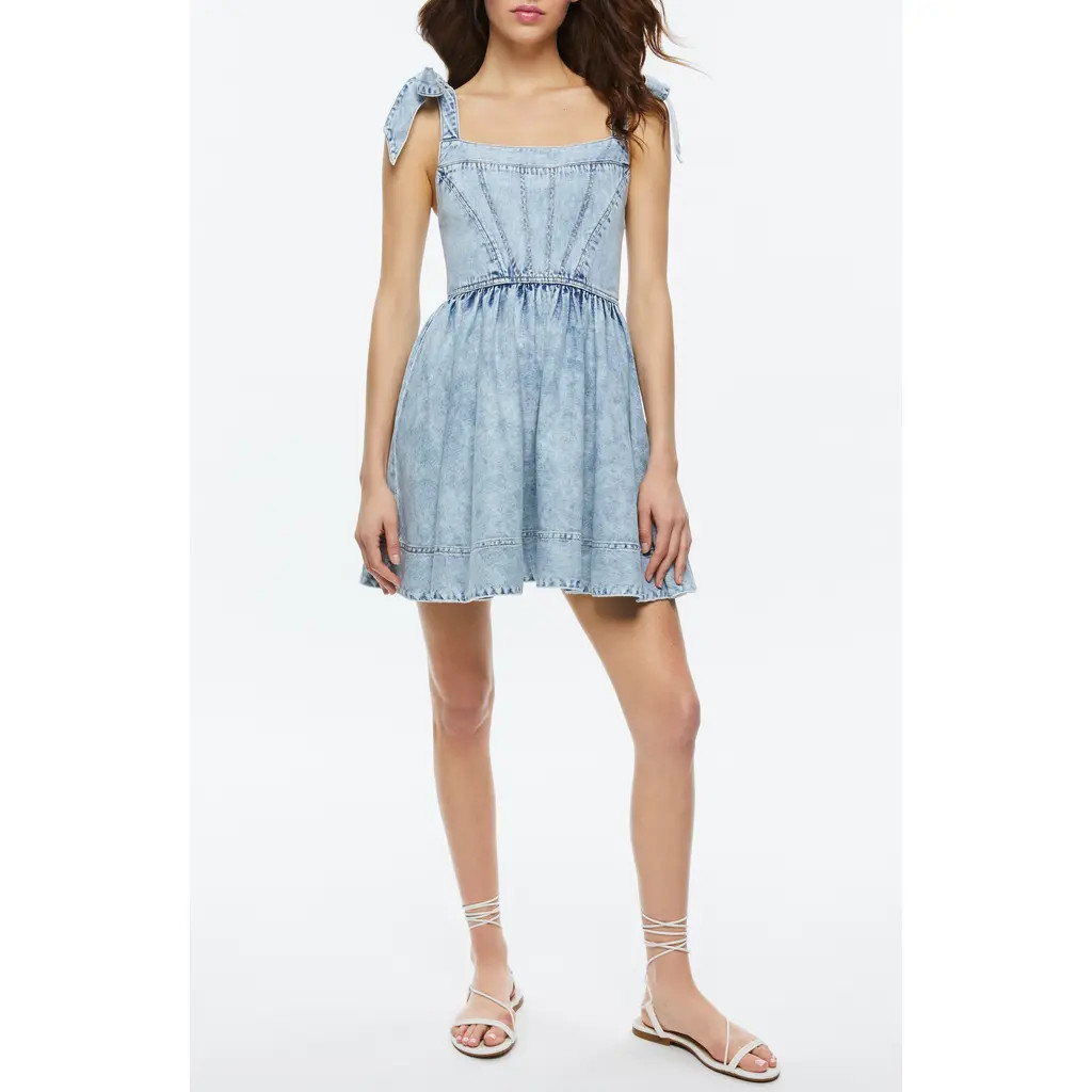 Alice + Olivia Amina Corset Denim Fit & Flare Minidress in Fae Ultra Light Blue at Nordstrom, Siz... | Nordstrom