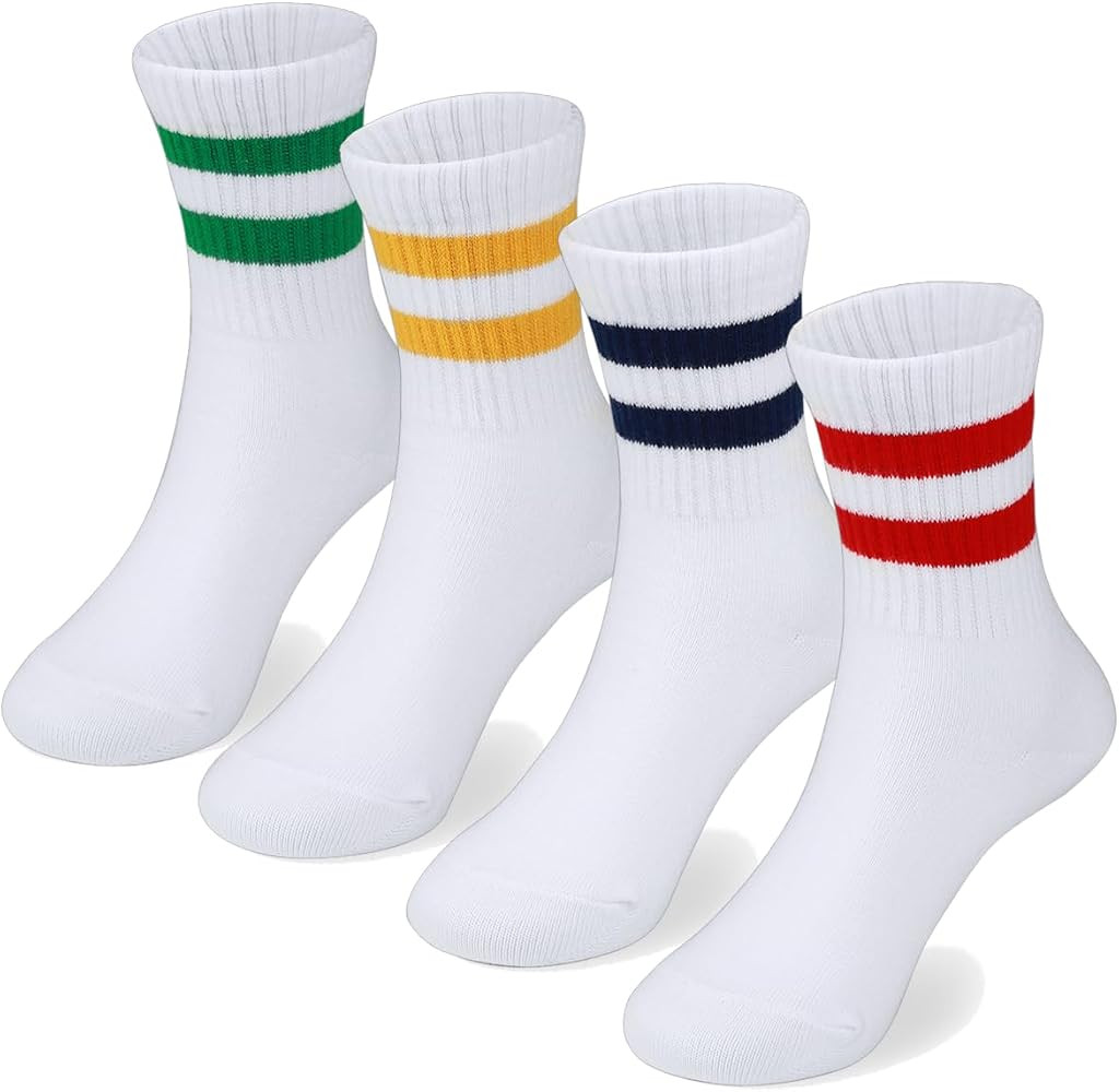 COTTON DAY Kids Girls Pink White Crew Athletic Socks with Retro Stripes Hearts | Amazon (US)
