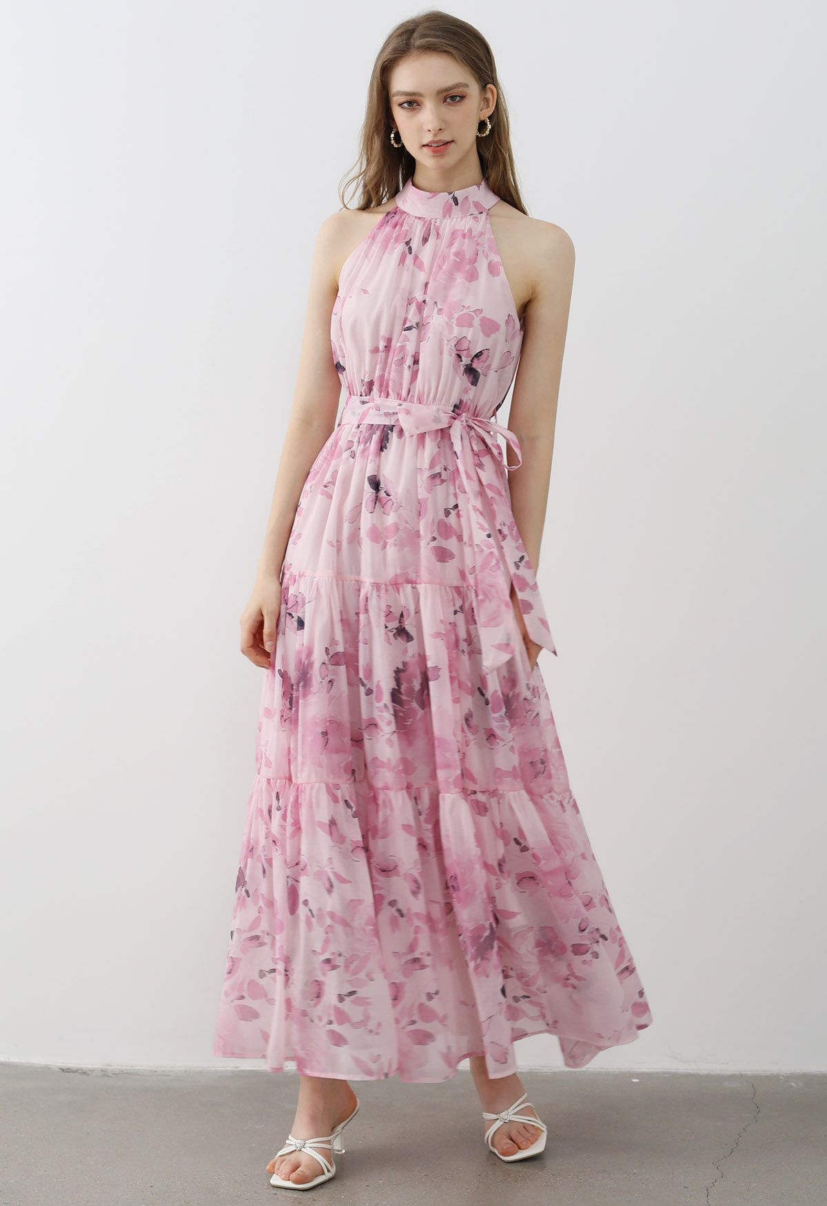 Floral Halter Neck Tie Waist Maxi Dress in Pink | Chicwish