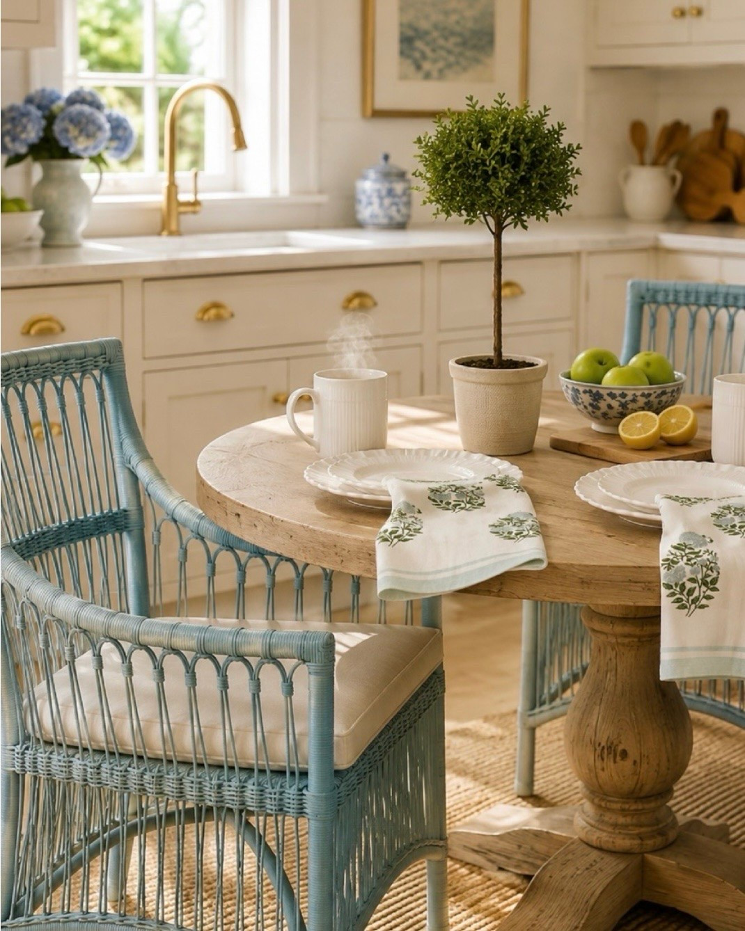 A little color, natural texture, and a touch of greenery can completely change the feel of a kitchen. 🌿🩵 This soft blue woven chair instantly gives the space that relaxed, timeless look I always gravitate toward. I styled it with a simple topiary, warm wood tones, and classic blue-and-white accents for a look that feels collected rather than overly decorated.

If you’re creating a cozy breakfast nook or refreshing your kitchen, I’ve linked this chair and the rest of the look in my LTK.
