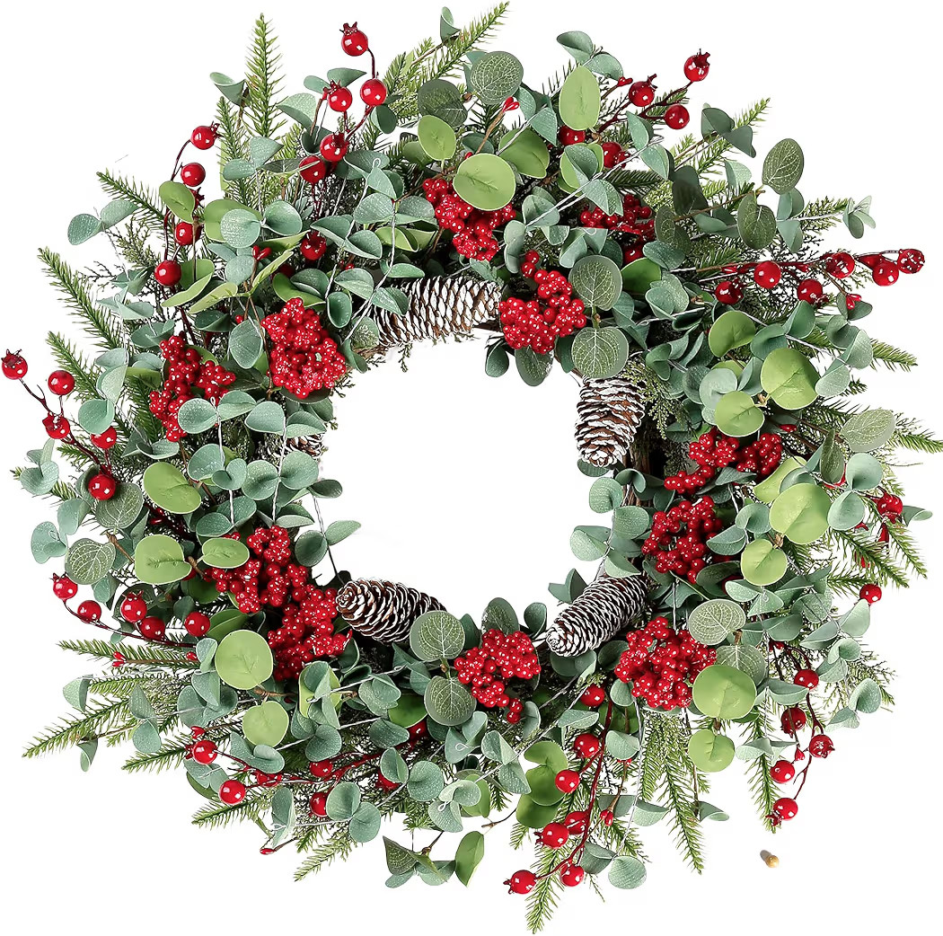 Sggvecsy 22 Inch Artificial Christmas Wreath for Front Door Xmas Red Berry Wreath with Pine Needl... | Amazon (US)